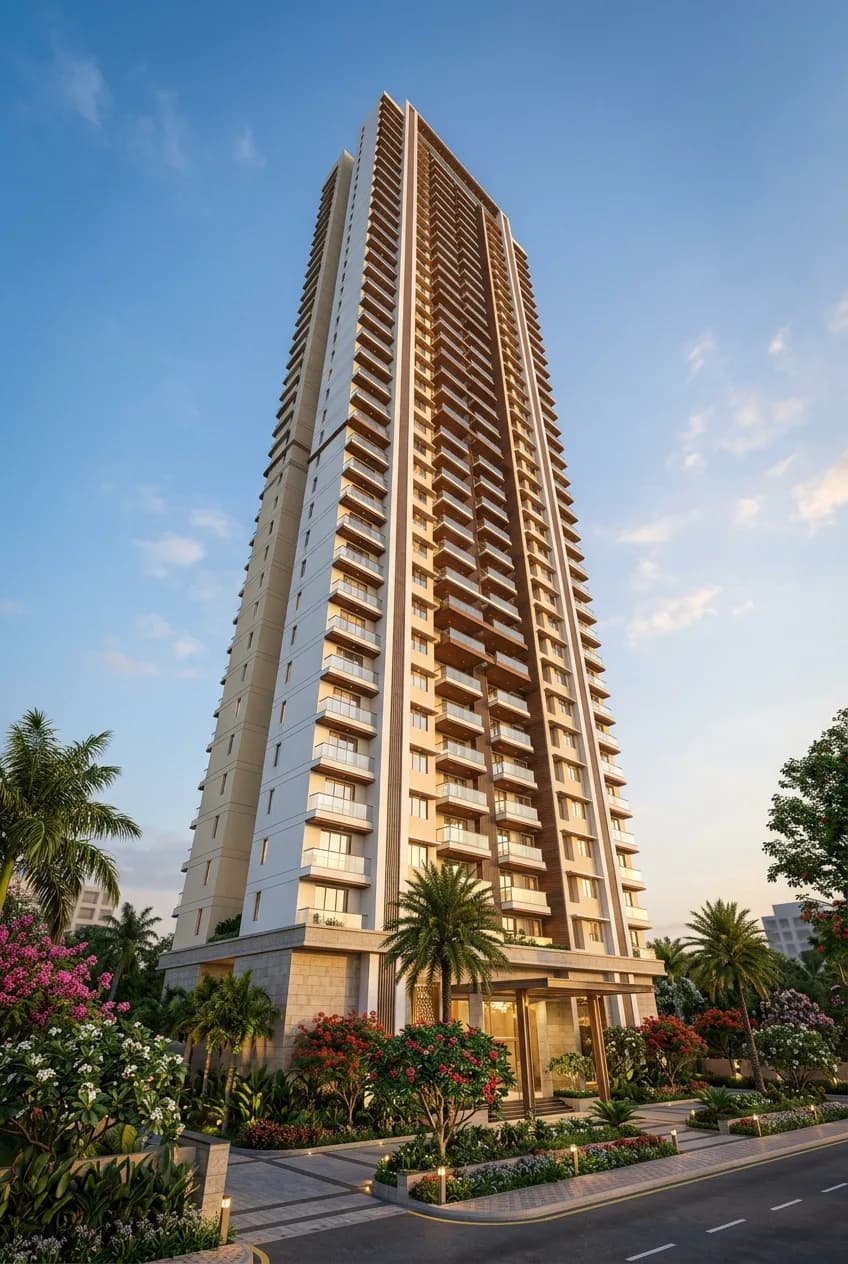 Tall residential tower with balconies against a blue sky